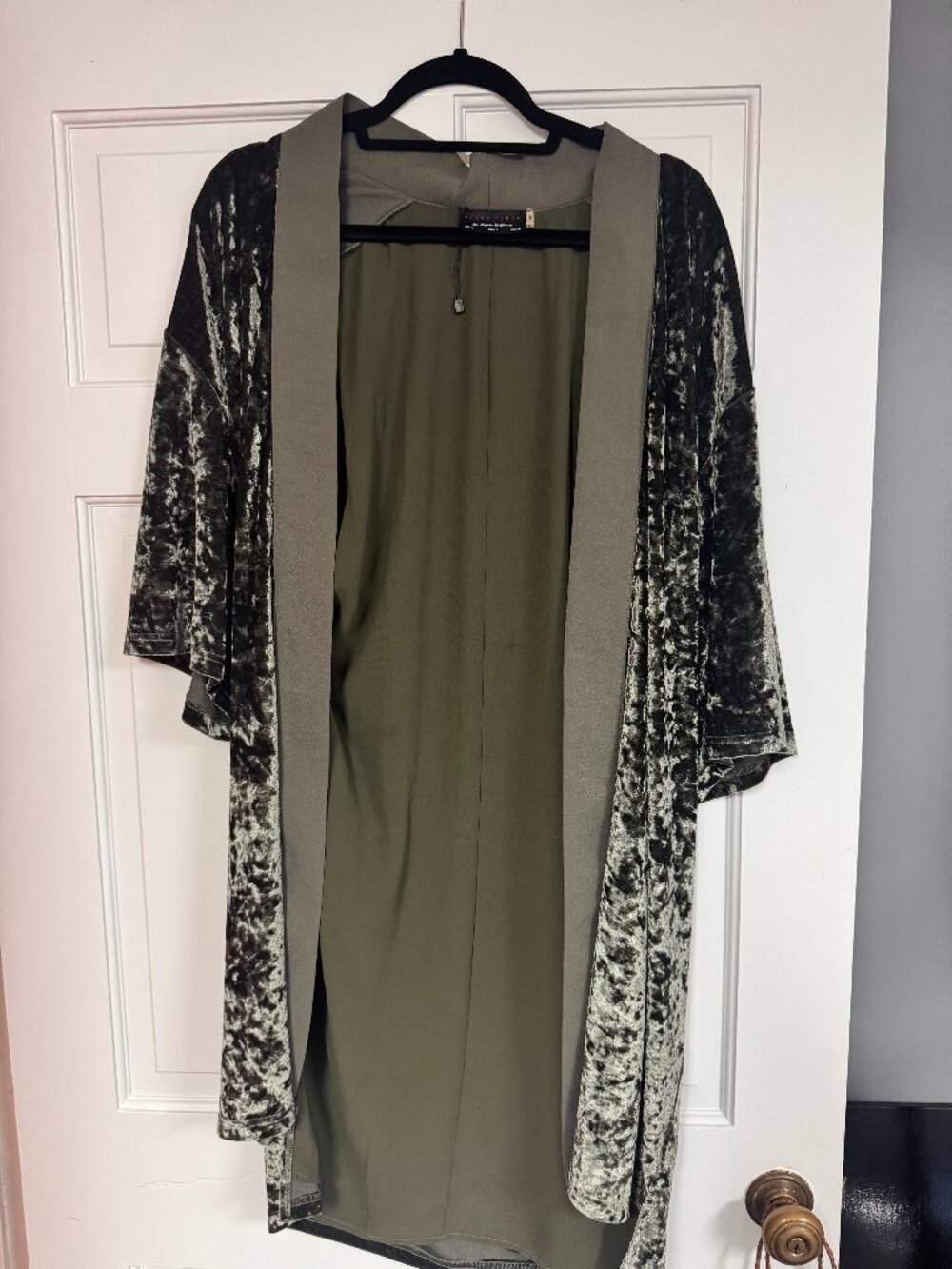 Olive Green Velvet Kimono Duster Open Front Layering Cardigan